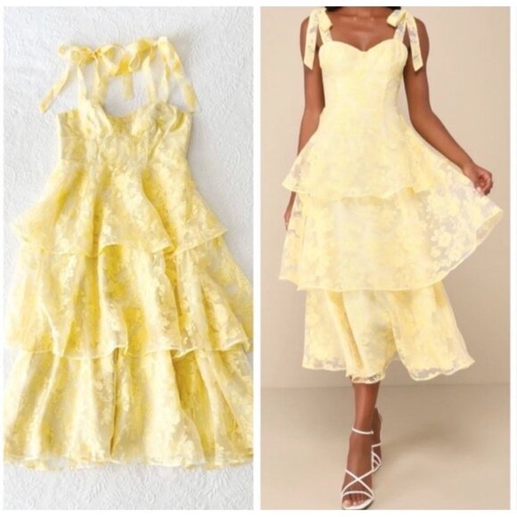 Lulus Glamorous Sweetie Dress Yellow Floral Bustier Midi - Picture 9 of 9